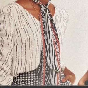 CAbi Fable Scarf Black and White Printed Skinny Scarf with Red Trim